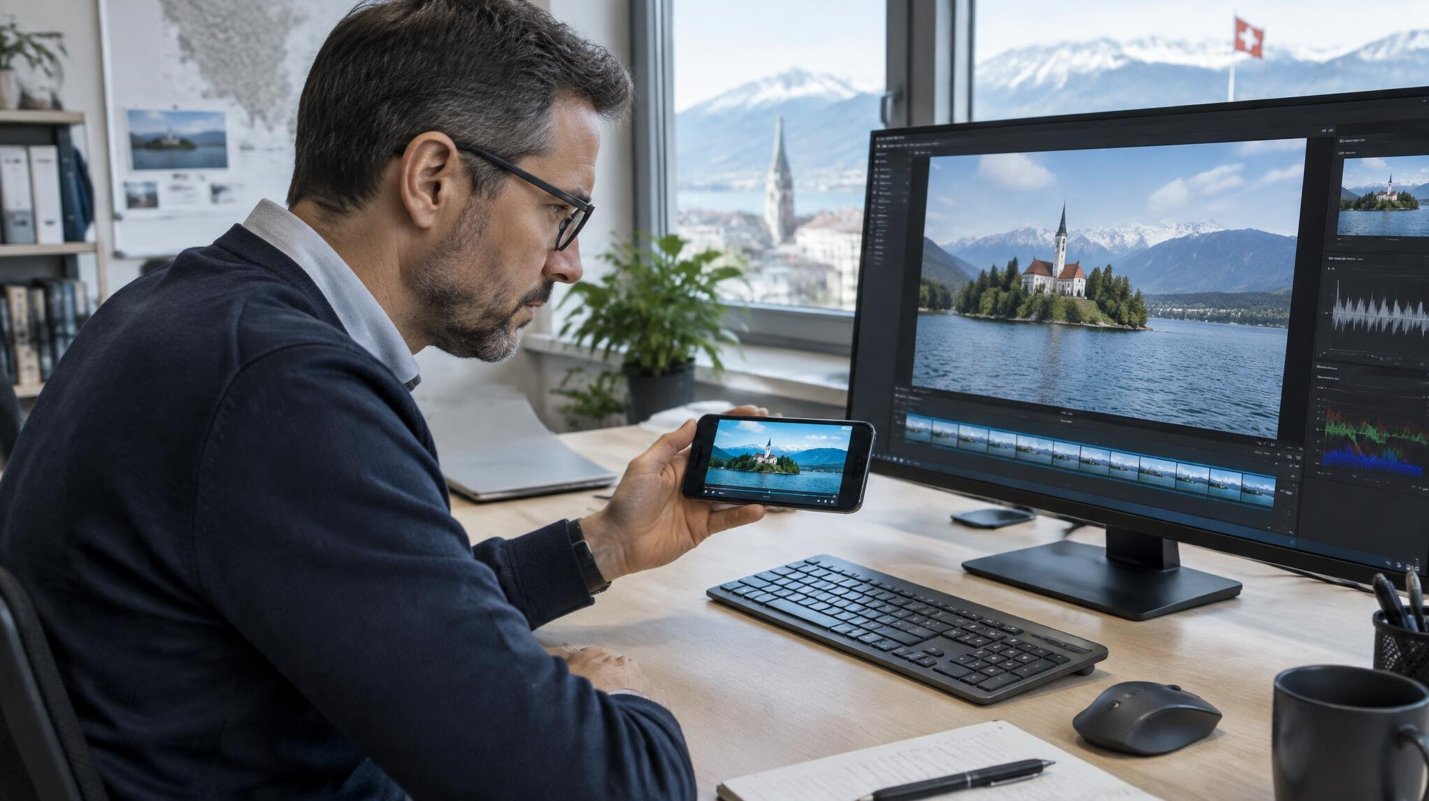 Journalist comparing a smartphone video to source footage on a monitor