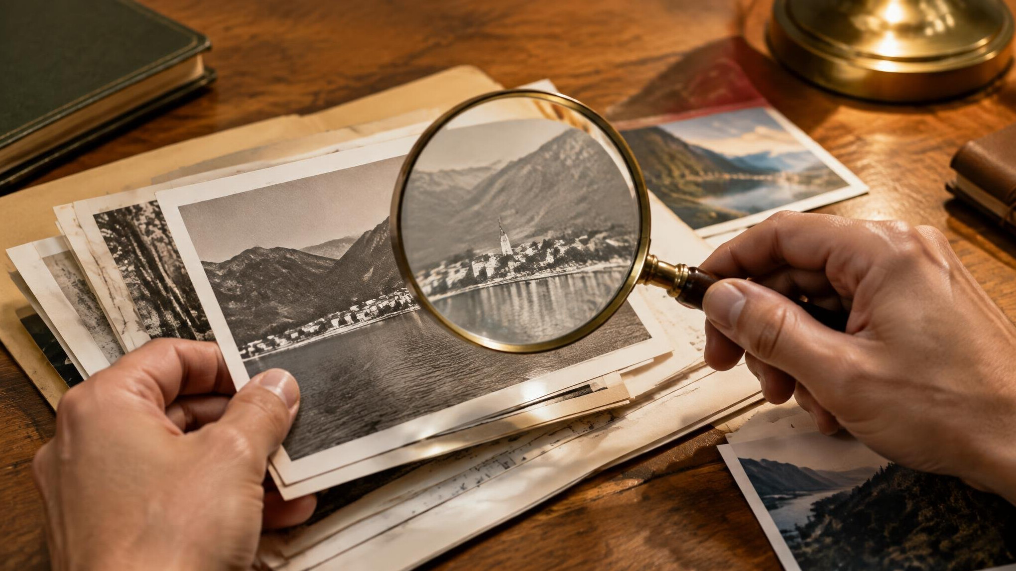 Close-up of hands reviewing printed documents with a magnifying glass