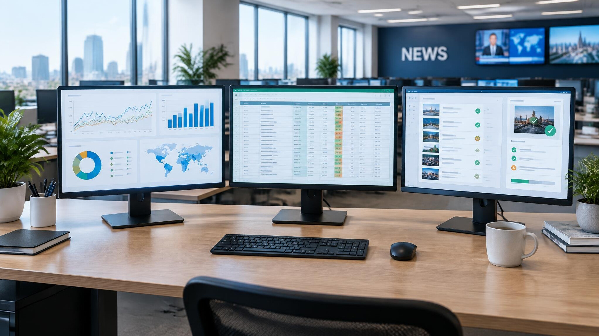 Desk with multiple monitors showing data charts and documents