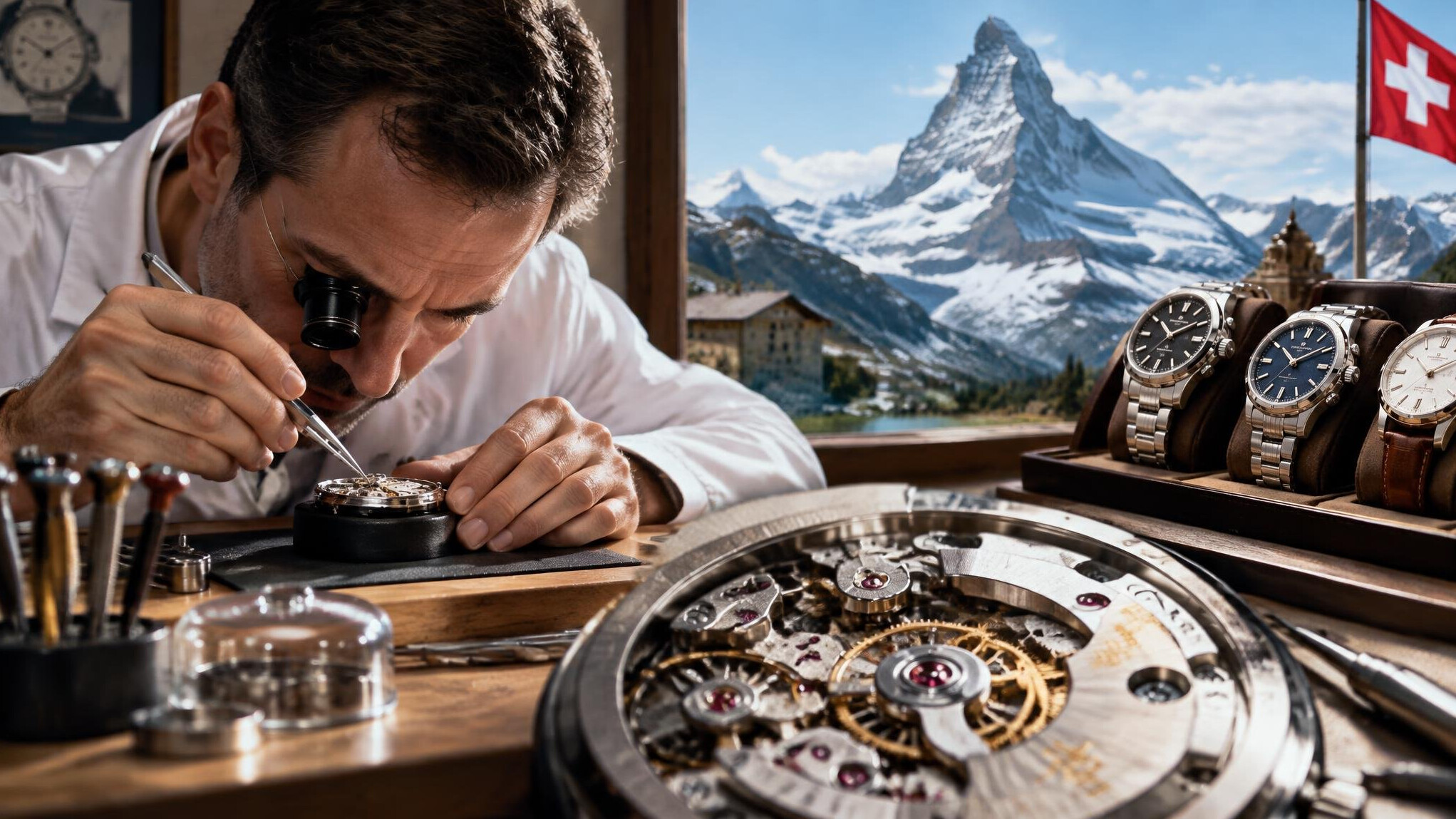 swiss watchmaker at workbench