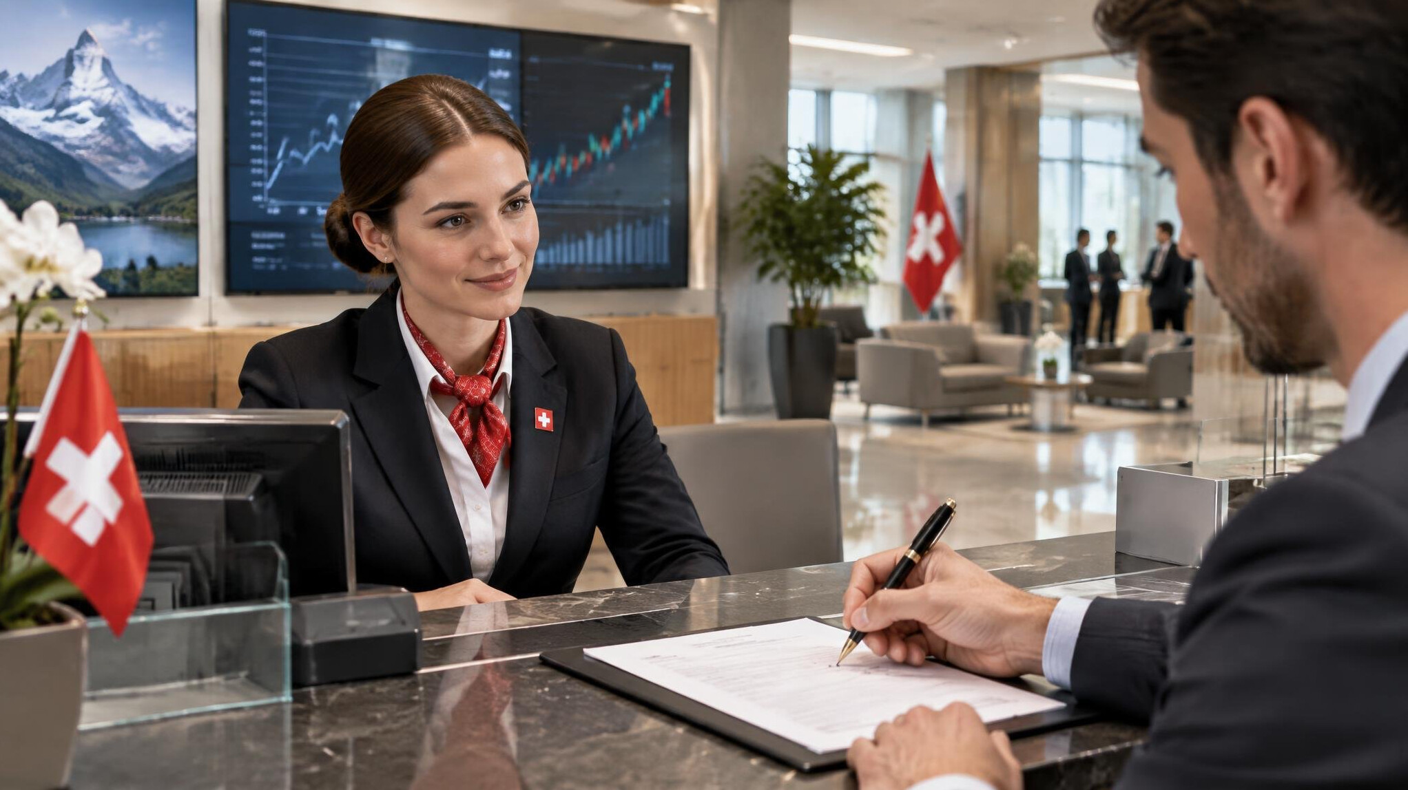 swiss bank teller at counter